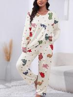 【Plus Size】 Two-Piece Set Cartoon Dinosaur Print Long Sleeve Pajama, Casual Comfy Round Neck Top & Pants PJ Set, Women's ...