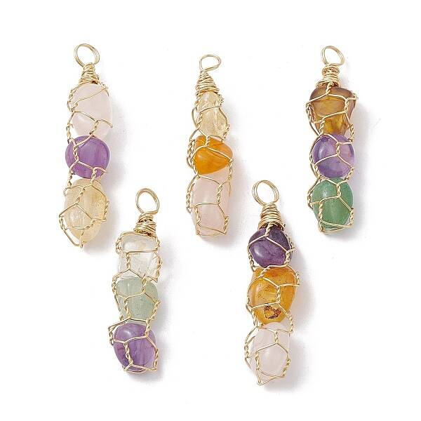 5Pcs Natural Mixed Gemstone Copper Wire Wrapped Pendants
