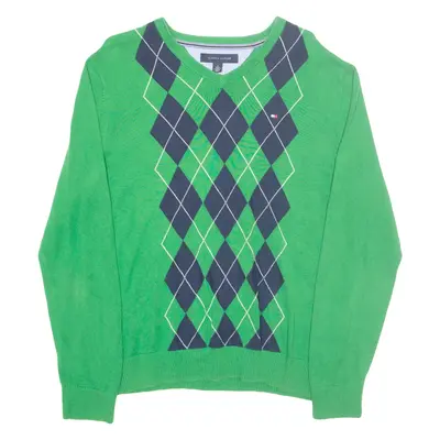 TOMMY HILFIGER Mens Patterned Jumper Green Argyle V-Neck Tight Knit M