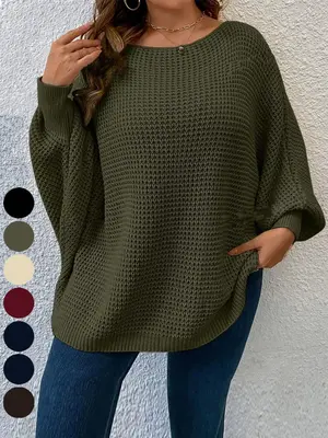 【Plus Size】 Solid Batwing Sleeve Boat Neck Sweater, Fall Outfits, Casual Long Sleeve Jumper for Fall, Women's Plus Cloth...