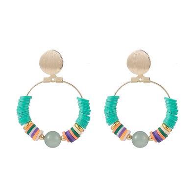 Natural Green Aventurine & Polymer Clay Beaded Big Ring Dangle Stud Earrings