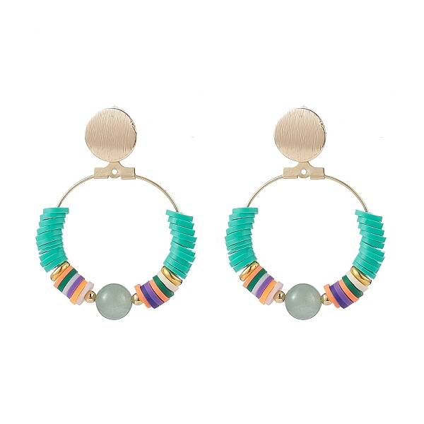 Natural Green Aventurine & Polymer Clay Beaded Big Ring Dangle Stud Earrings
