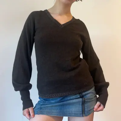 Armani Jeans V-neck Jumper - Medium Brown Wool Blend