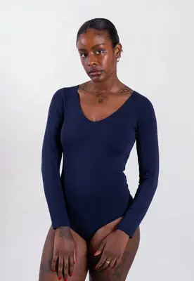 Organic Cotton Long Sleeve V-Neck Bodysuit, Blue Navy | Size: M