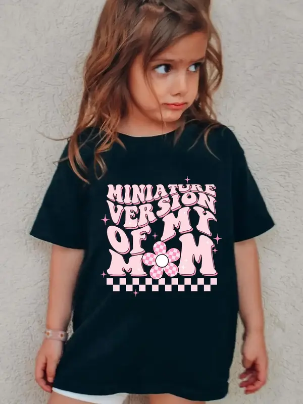 Toddler Girl's Graphic Round Neck Letter Print Tee, Casual Fashion Drop Shoulder Half Sleeve T-shirt for Daily Outdoor Wear, ...