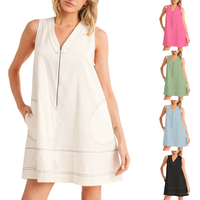 UANEO Women's Summer Half-Zip Hoodie Dress, V-Neck Sleeveless Pullover Top Mini Dress, Comfortable and Minimalist Style.