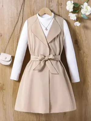 Girl's Solid Belted Collar Coat, Casual Sleeveless Midi Outerwear for Fall & Winter, Kids Clothes for Daily Wear