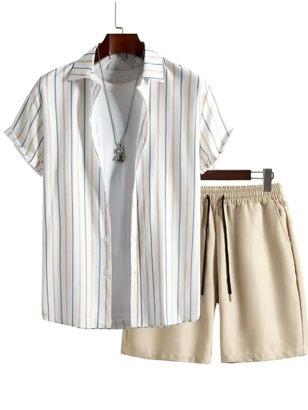 2 Pieces Men's Striped Short Sleeve Shirt & Drawstring Waist Shorts Set, Streetwear Button Collar Shirts & Shorts Set, Summe...