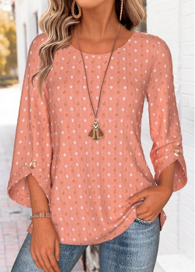 Modlily Dusty Pink 3/4 Sleeve Round Neck Blouse - M