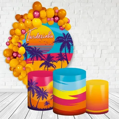 Aperturee Orange Summer Scenery Round Happy Birthday Backdrop Kit | Circle Background For Party | Round Party Backdrop | Roun...