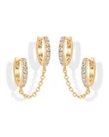 PAVOI 14K Gold Chain Earrings for Women | Double Piercing Dangle Chain Huggie Hoop Earrings |Double Cubic Zirconia  Stud Ear ...