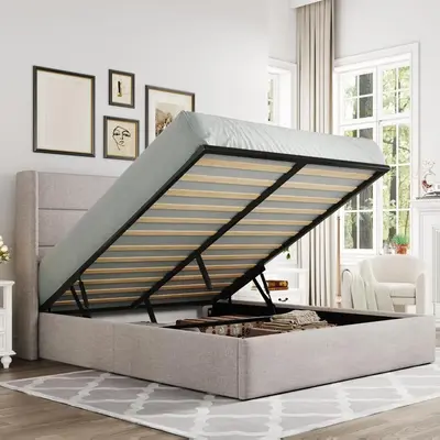 8200Queen Size Lift Up Storage Bed, Modern Wingback Headboard, Hydraulic Support, No Box Spring Needed, Light Beige