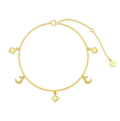 14K Gold Moon & Star Single Layer Charm Anklet