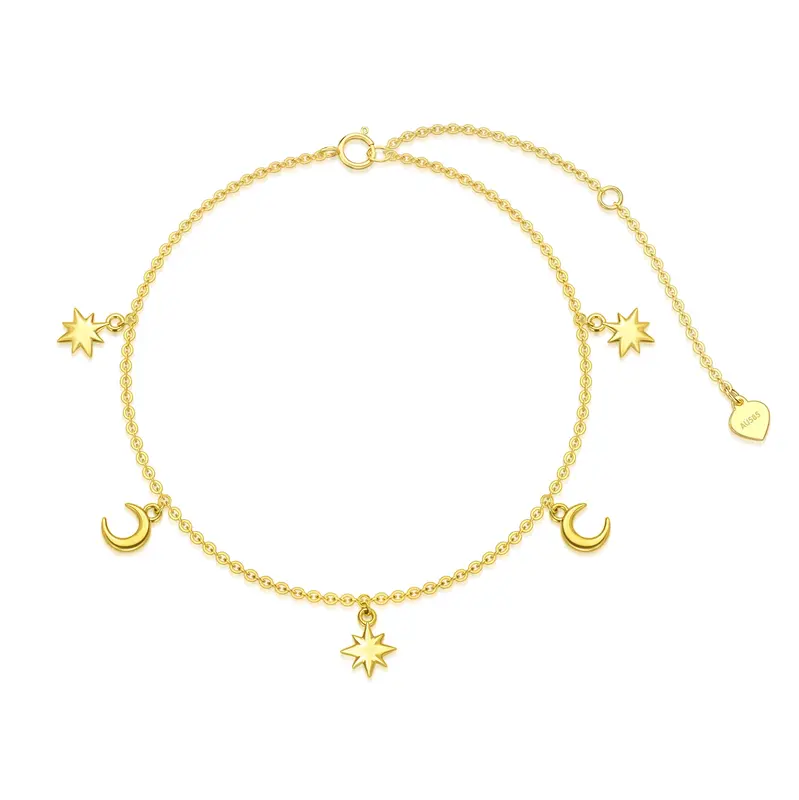 14K Gold Moon & Star Single Layer Charm Anklet