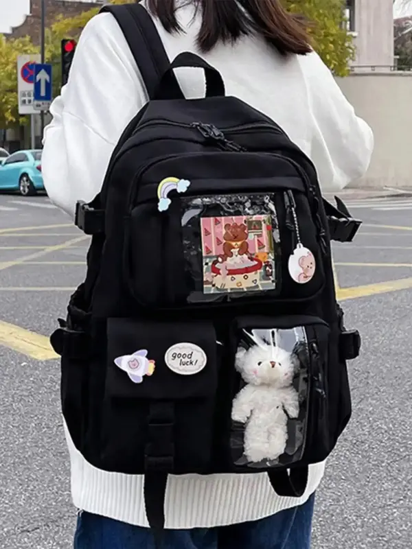 Casual Lightweight Patch Cute Bear Decoration Backpacks, Water Resistant Backpack,  2025 New Style Large Capacity Campus Stud...