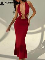 Women's Solid Halter Neck Backless Dress, Fashion Casual Sleeveless Dress for Party Club Dating Wear, Women Dress for Summer,...