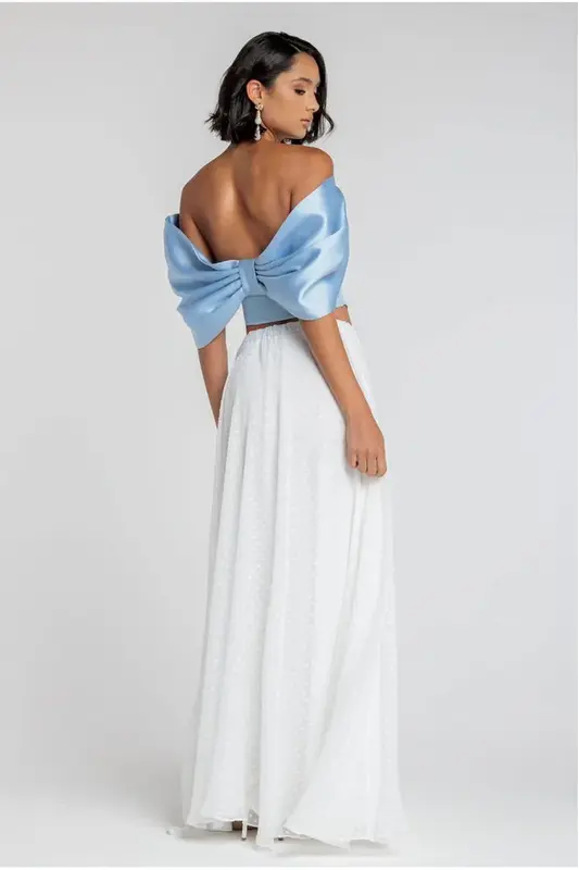 Goddiva Off Shoulder Back Satin Bow Scuba Corset - Light Blue