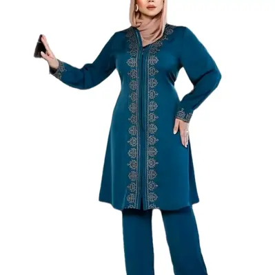 Abayas Women's Long Sleeve Loose Top & Matching Pants Set in Blue - Dubai Islamic Muslim Women's Outfit, 2 Pieces, Complete M...