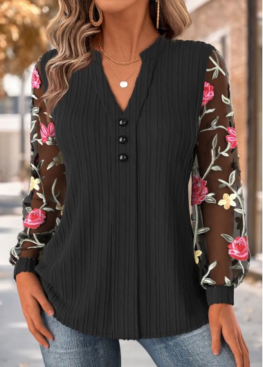 Modlily Black Floral Print Long Sleeve Asymmetrical Neck Blouse - L