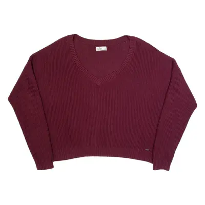 HOLLISTER Oversized Womens Jumper Maroon V-Neck Tight Knit M