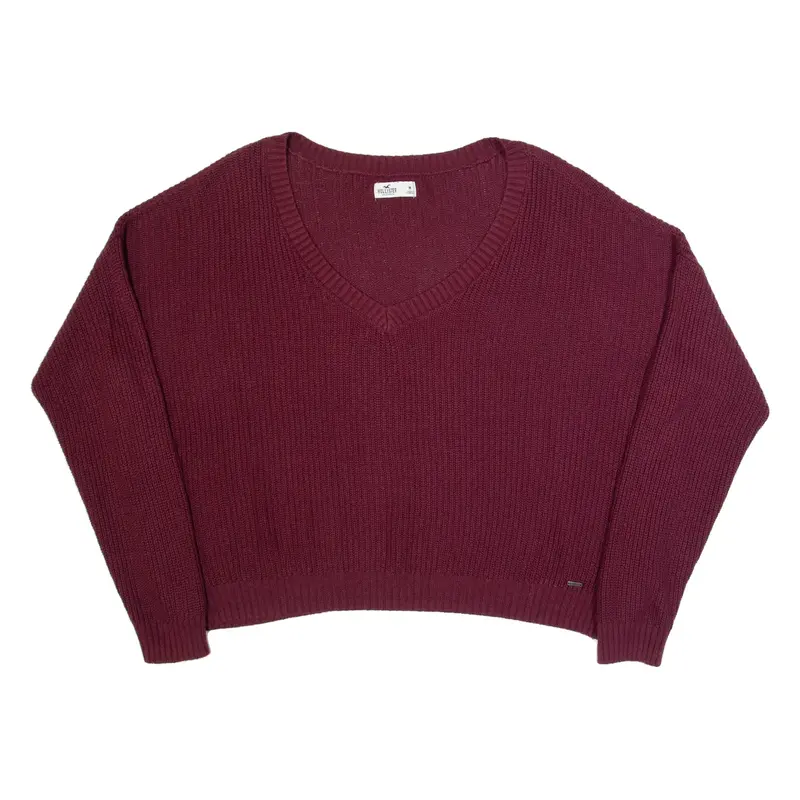 HOLLISTER Oversized Womens Jumper Maroon V-Neck Tight Knit M