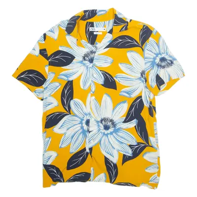 ZARA Mens Hawaiian Shirt Yellow Viscose Floral M