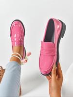 Women's Fashionable Solid Color Flatform Round Toe Pu Leather Loafers, Slip on Shoes, Flats Casual Summer Shoes Women, Pink C...