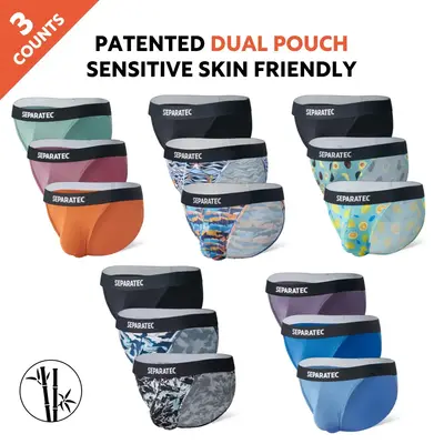 3 Counts, Men's Printed Bamboo Dual Pouch Bikini, Regular Fit Casual Comfy Breathable Sexy Bulge Enhancing Briefs for Daily ...