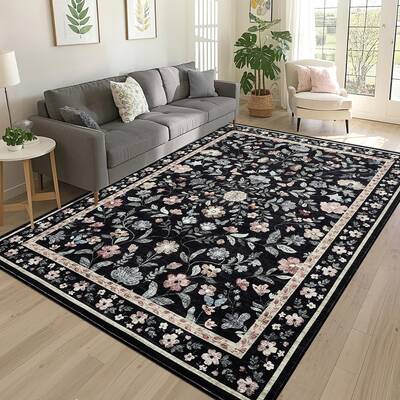 Garvee Floral 9x12 Black Washable Area Rug Rug for Living Room, Non-Slip Non-Shedding Soft Vintage Rug, Low Pile Farmhouse Fl...