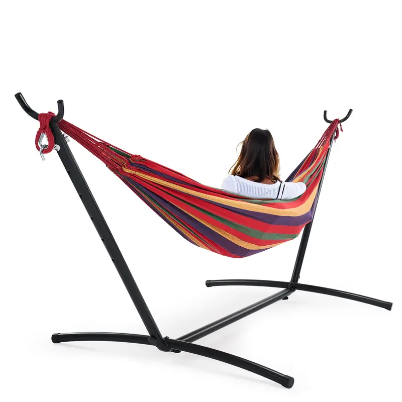 Double Hammock with Space Saving Stand, Heavy Duty Steel Frame, Portable for Outside & Indoor Use, 450lbs Capacity, Easy Asse...