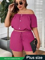 【Plus Size】 Solid Off Shoulder Top & Shorts Two-piece Set, Casual Fashion Top & Shorts for Daily Outdoor Wear, Women's Tw...