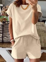Women's Letter Print Crewneck Tee & Shorts Two-piece Set, Casual Minimalist Short Sleeve T-shirt & Track Shorts for Summer, L...