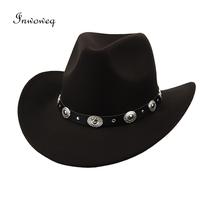 Men Women Felt Cowgirl Hat Ethnic Style Western Hat with Belt Vintage Sun Cap for Outdoor Party