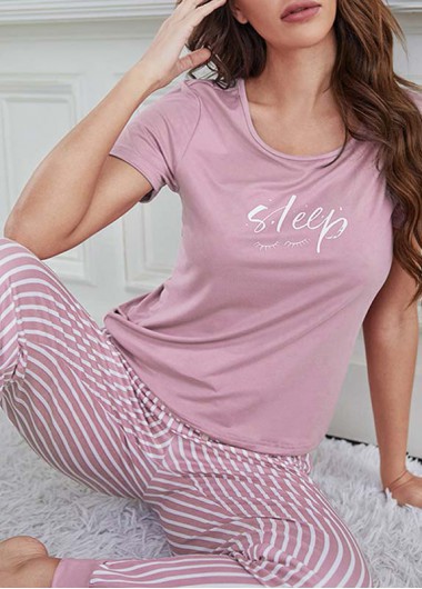 Modlily Pink Letter Print Short Sleeve Lounge Top and Pants - M