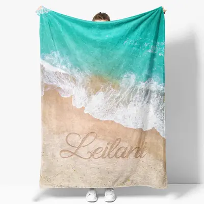 Customized Name Sandbeach Sea Wave Snuggly Blanket - Aperturee