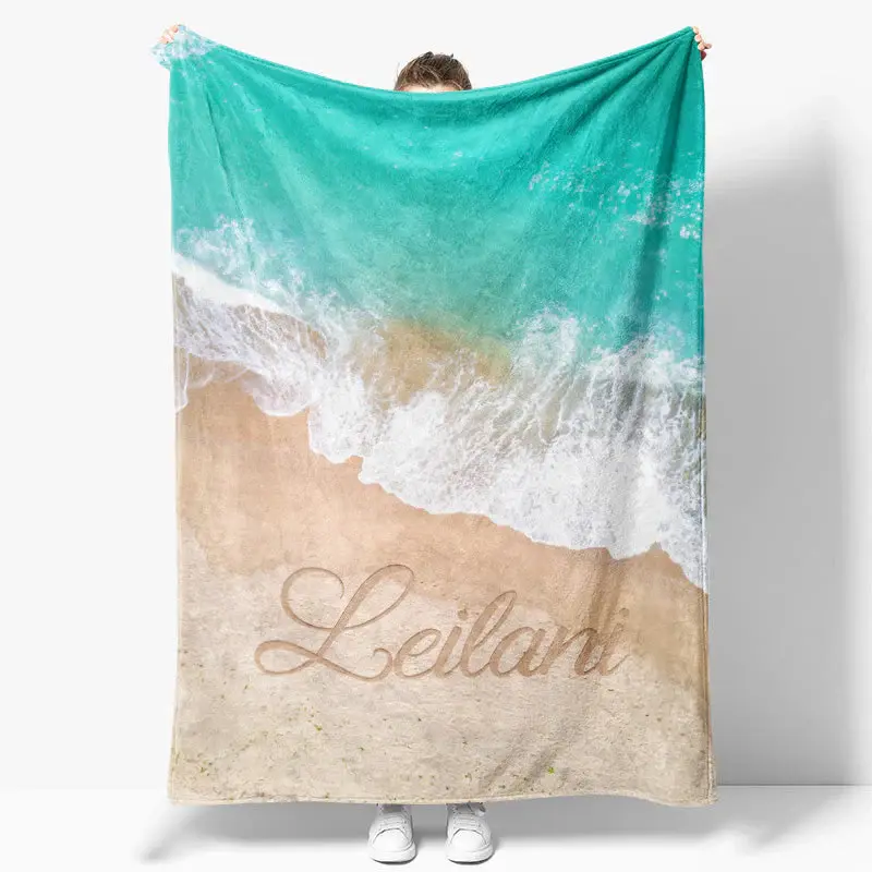 Customized Name Sandbeach Sea Wave Snuggly Blanket - Aperturee