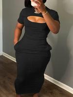 Women's Plain Cut Out Pocket Bodycon Dress, Formal Solid Round Neck Short Sleeve Long Knit Dress for Fall, Homecoming Dresses...