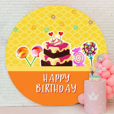 Aperturee Round Sweet Cake Happy Birthday Yellow Backdrop