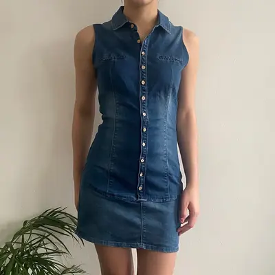 Le Femme Mini Denim Dress - Medium Blue Cotton