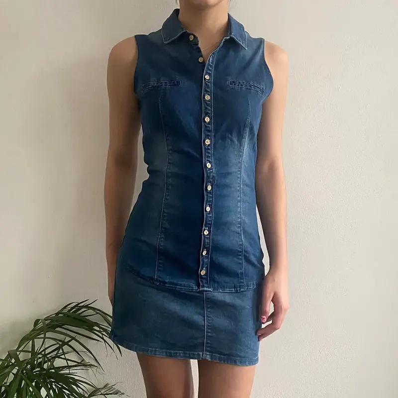 Le Femme Mini Denim Dress - Medium Blue Cotton