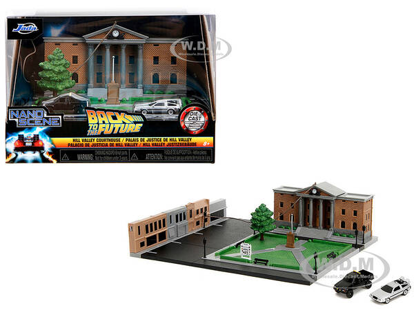 Hill Valley Courthouse Diorama with Black Pickup Truck and Delorean Back to the Future (1985) Movie Nano Scene Series Mod...