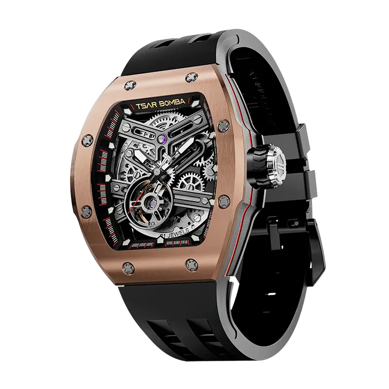TSAR BOMBA Men's Automatic Skeleton Watch | Interchangeable Luxury Design | Rose Gold | Atomic TB8218 | Stainless Steel