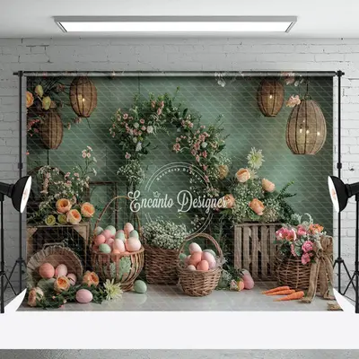 Green Wall Lanterns Eggs Floral Easter Backdrop - Aperturee