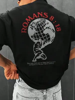 Men's Graphic Round Neck Drop Shoulder Tee, Regular Fit Figure & Letter Print Half Sleeve T-shirt, Summer Clothes