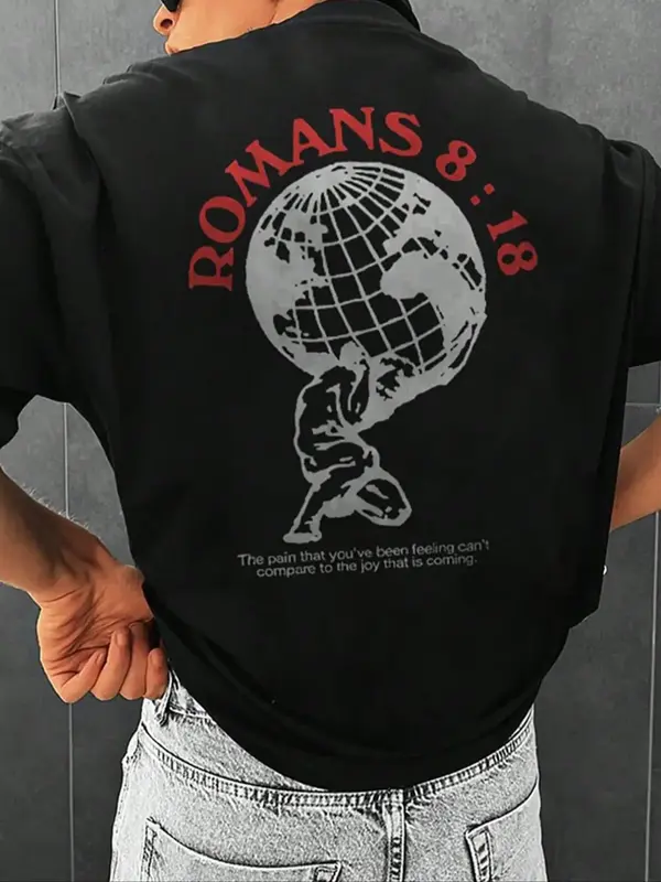 Men's Graphic Round Neck Drop Shoulder Tee, Regular Fit Figure & Letter Print Half Sleeve T-shirt, Summer Clothes