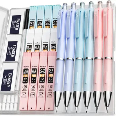 Nicpro 6Pack Pastel Mechanical Pencil 0.5 & 0.7 mm for School, with 12 tubes HB Lead Refills, 3 Erasers, 9 Eraser Refills, Bl...