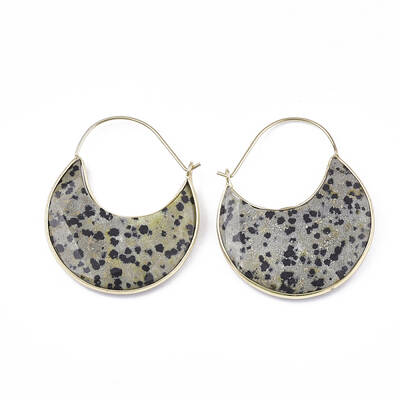 Natural Dalmatian Jasper Crescent Moon Dangle Hoop Earrings