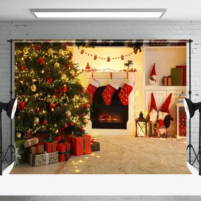 Aperturee Christmas Tree Gift Fireplace Sofa Gnome Backdrop