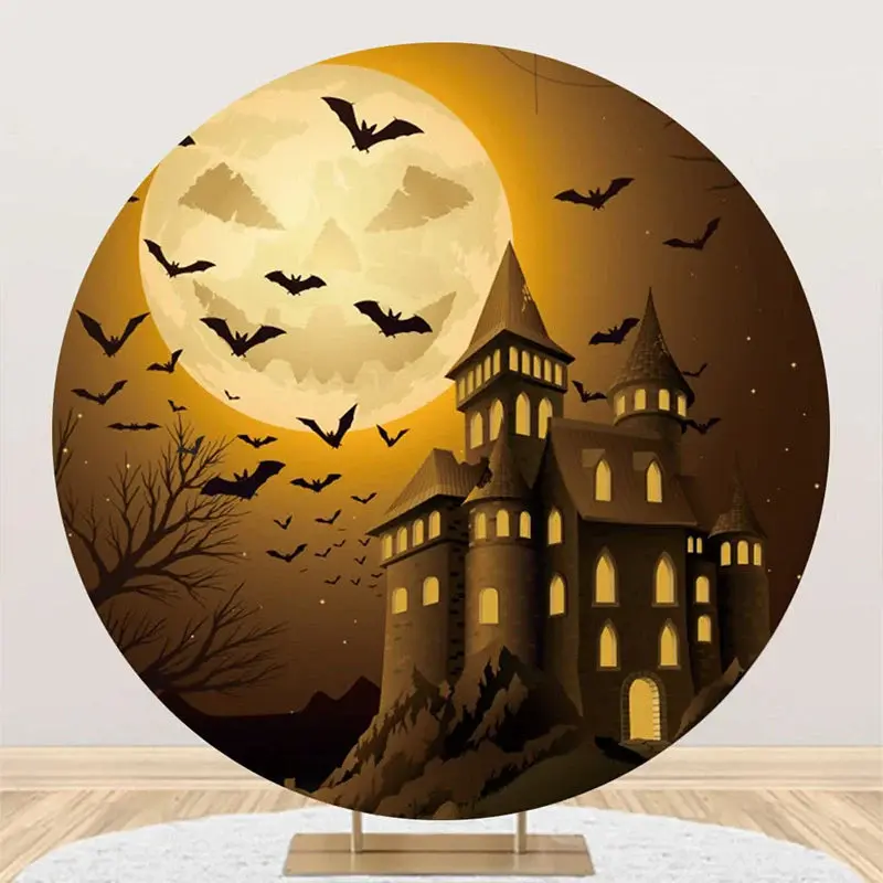 Pumpkin Moon Castle Bats Round Halloween Backdrop