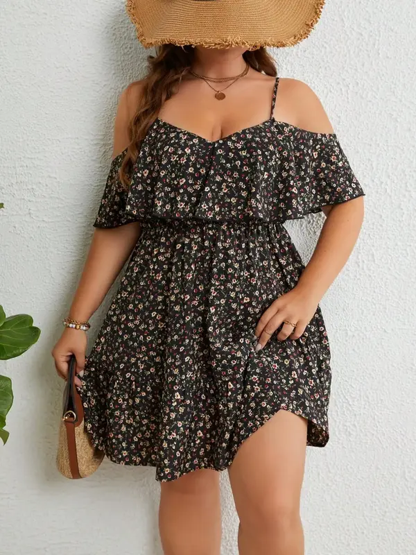 Plus Size Ditsy Floral Print Cold Shoulder Ruffle Trim A Line Dress, Boho Romantic Short Dress for Beach Vacation Holiday, Su...